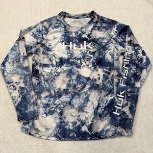 HUK Performance Fishing Shirt Youth Size Youth Large  Blue/White Long Sleeve